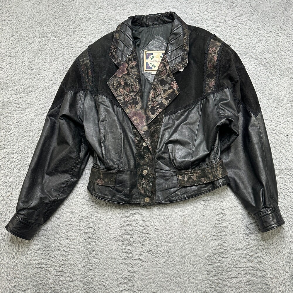 Vintage Leather Jacket Womens M Black Floral Tapestry Suede Cropped Pairs